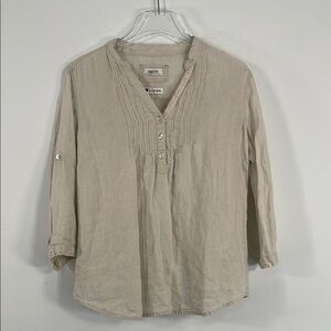 Malvin I Love Linen 100% Linen Pintuck Lightweight Tan 3/4 Sleeve Top Sz M